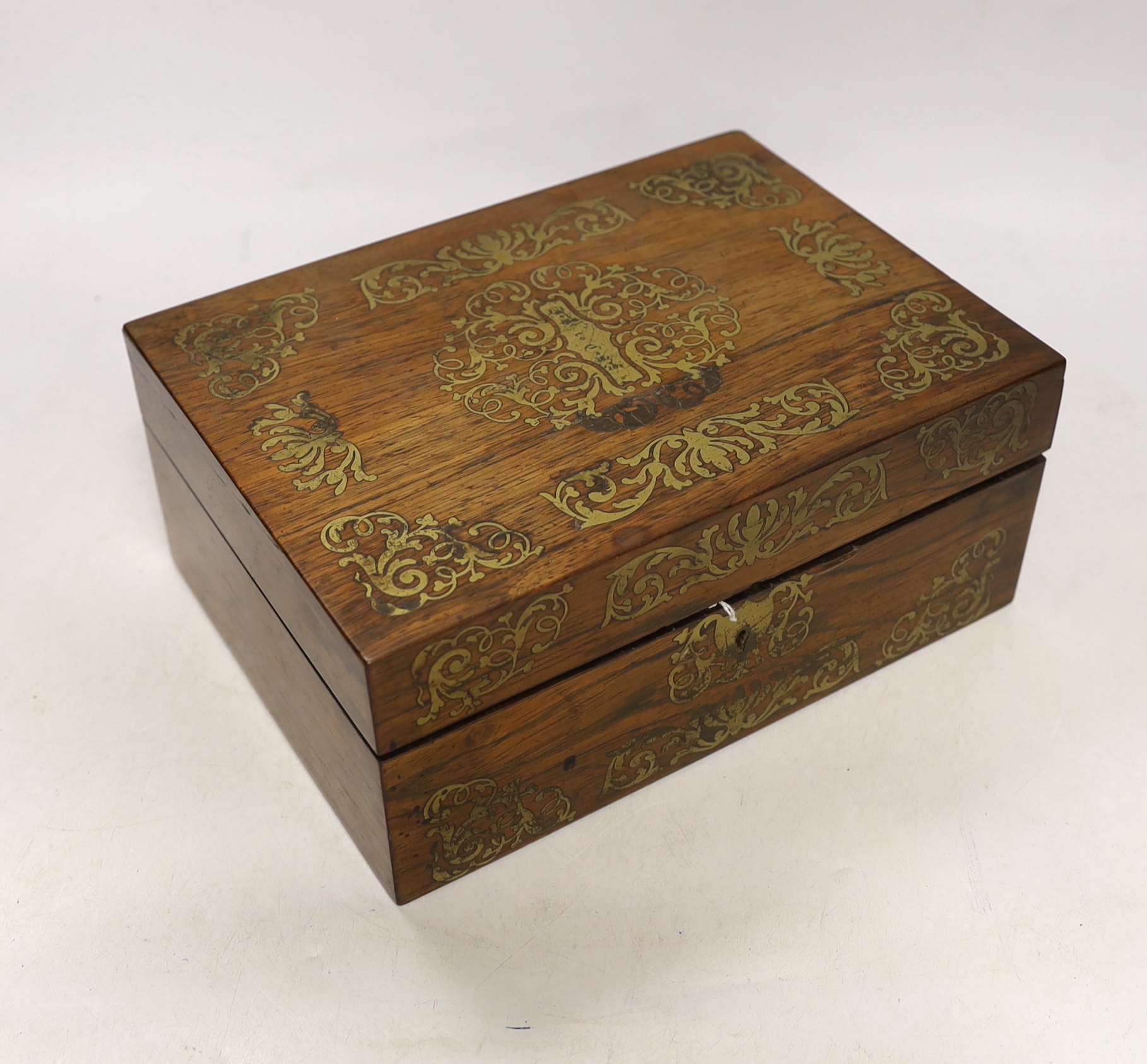 A William IV brass inset rosewood work box with fitted interior, 25cm wide